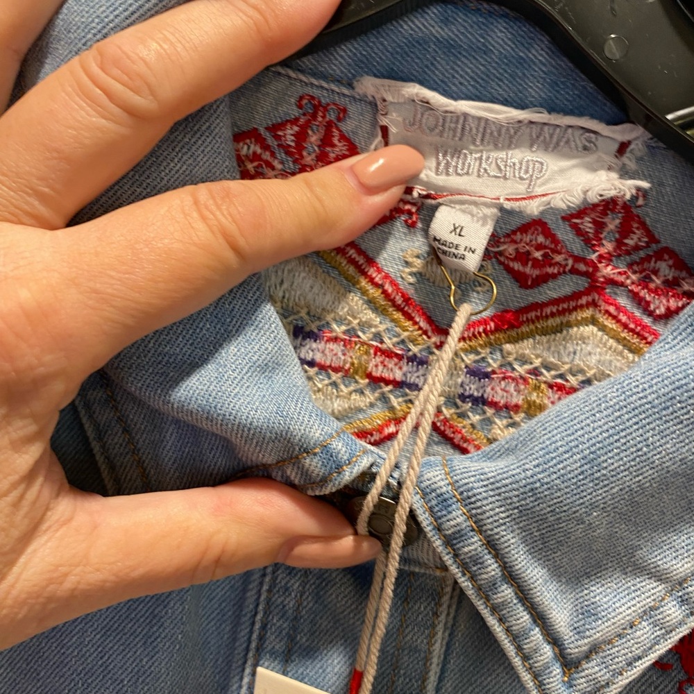 Johnny Was XL Embroidered Denim Jacket with Red Floral Accents - Picture 3 of 7